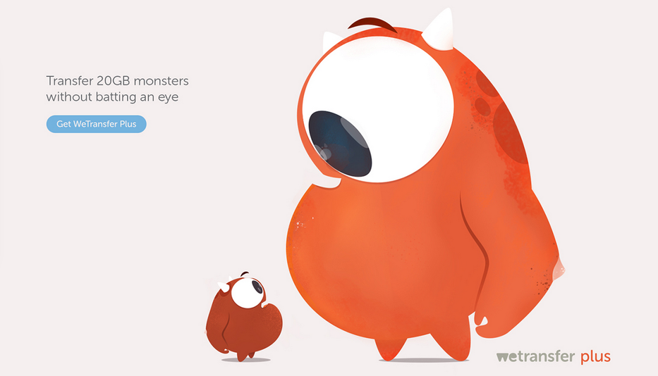 WeTransfer: Un mostro grande, rosso e carino che guarda un mostro più piccolo.